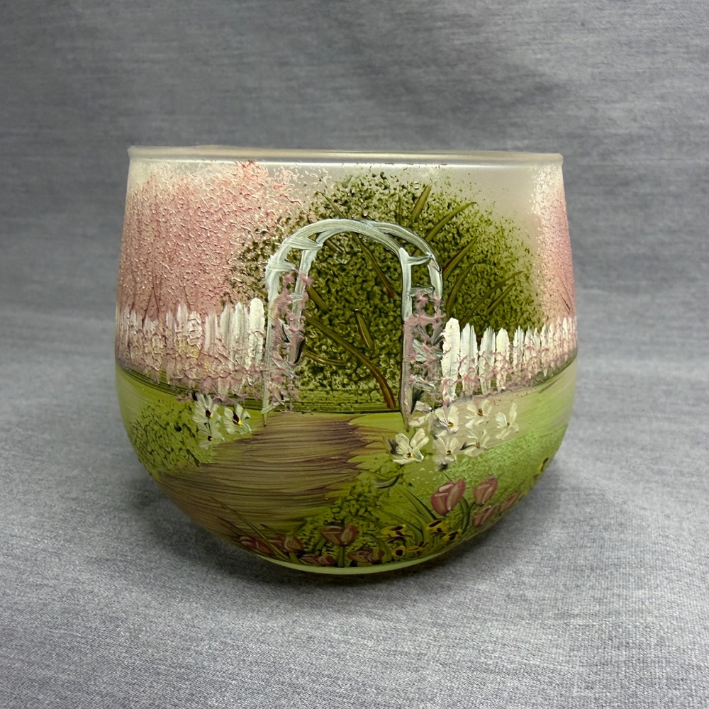 Frosted Glass Candle Holder Votive Tea Light Hand-Painted Garden Scene